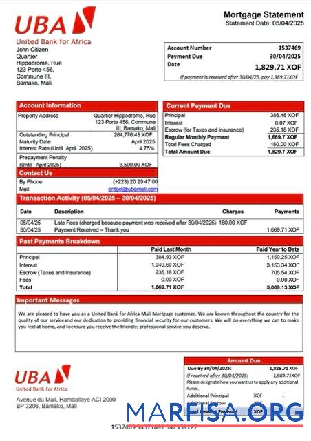 Printable Mali United Bank for Africa Mali mortgage statement Word and PDF template